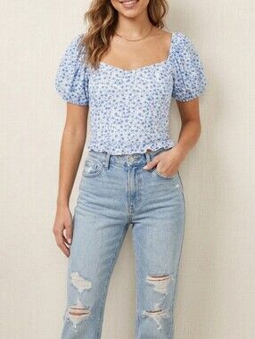 Altar'd State White and Blue Floral Puff-Sleeve Crop Top S Y2K